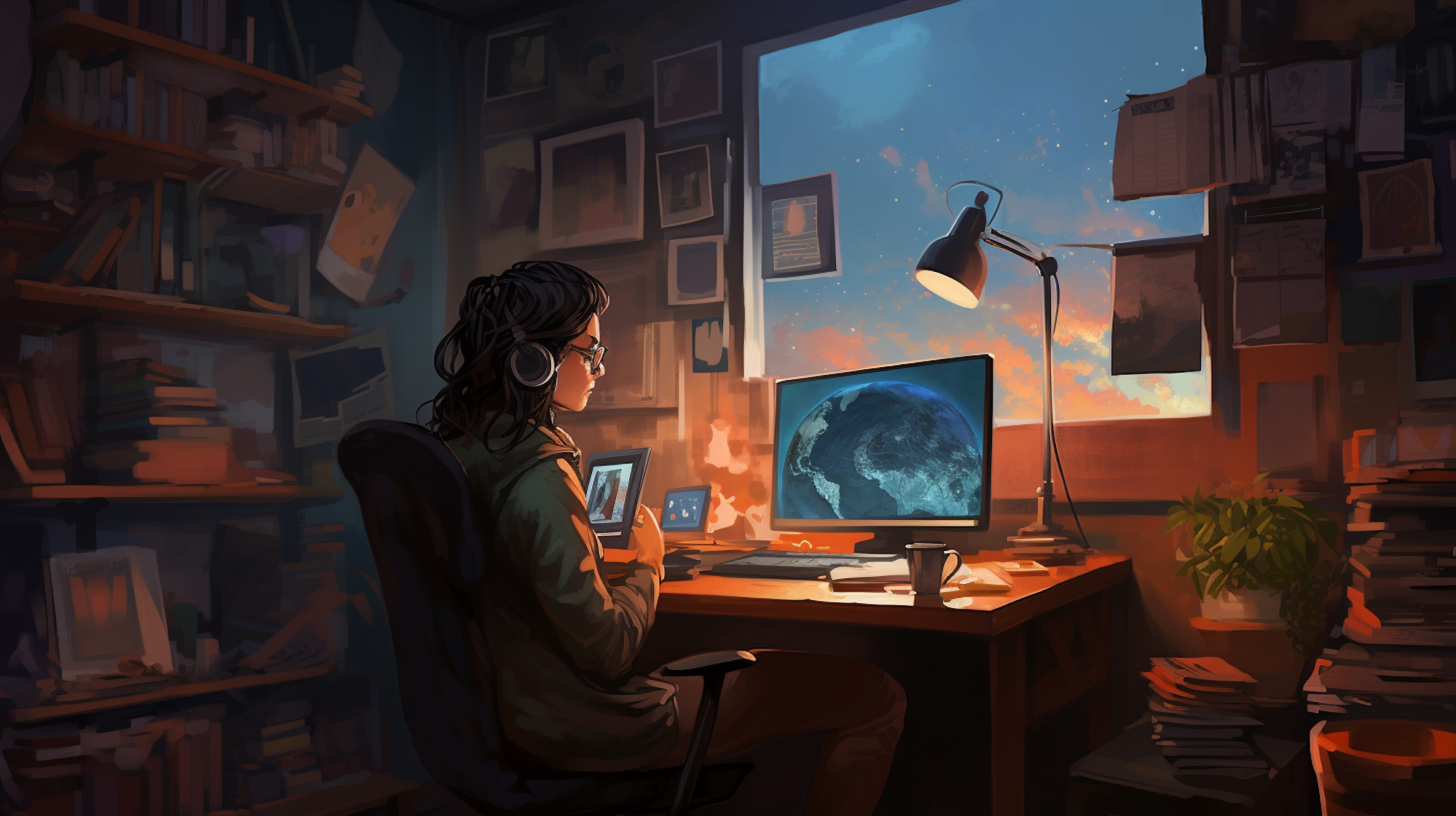 Illustration: Eine Frau sitzt an einem Schreibtisch mit Computer, ein Bücherregal im Hintergrund zu sehen.