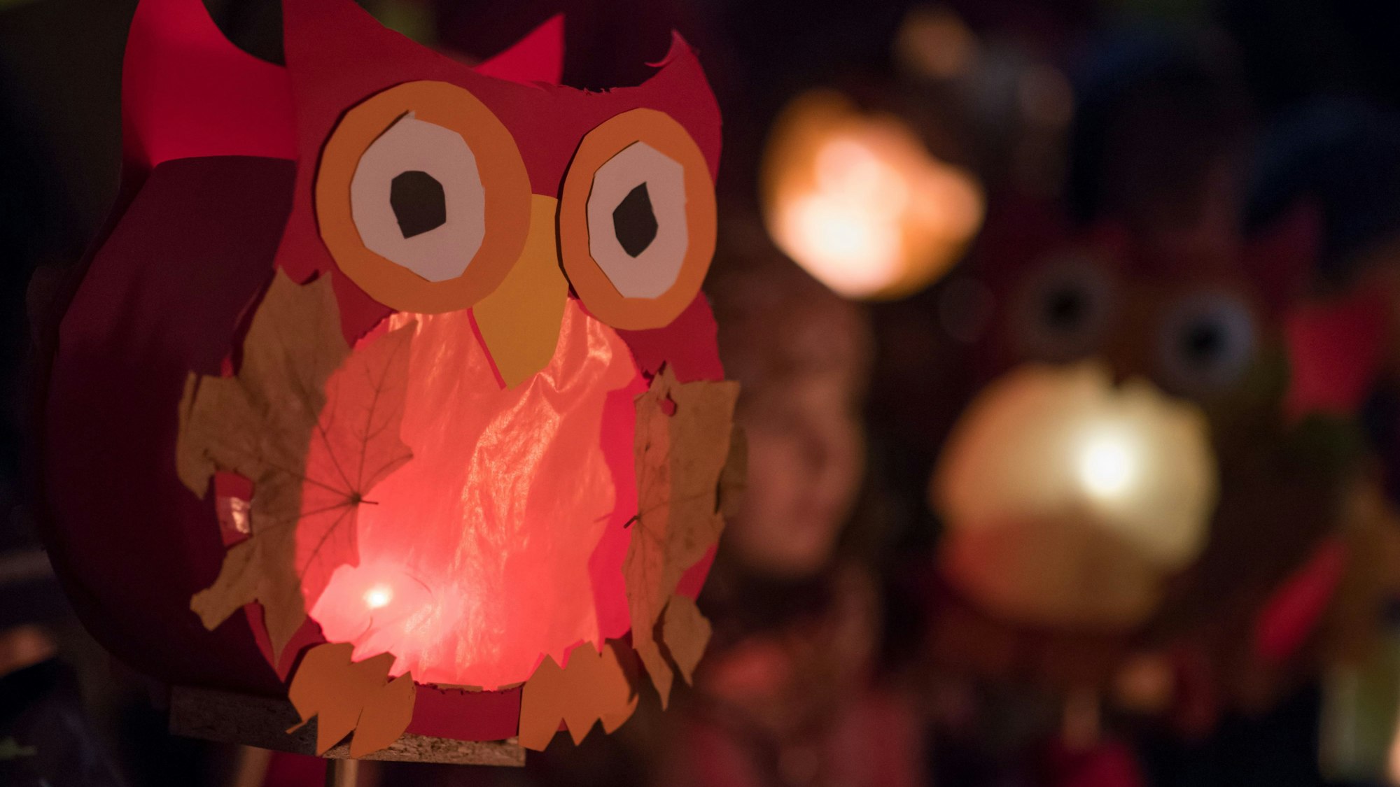 Kinder halten ihren leuchtenden Laternen in die Höhe.