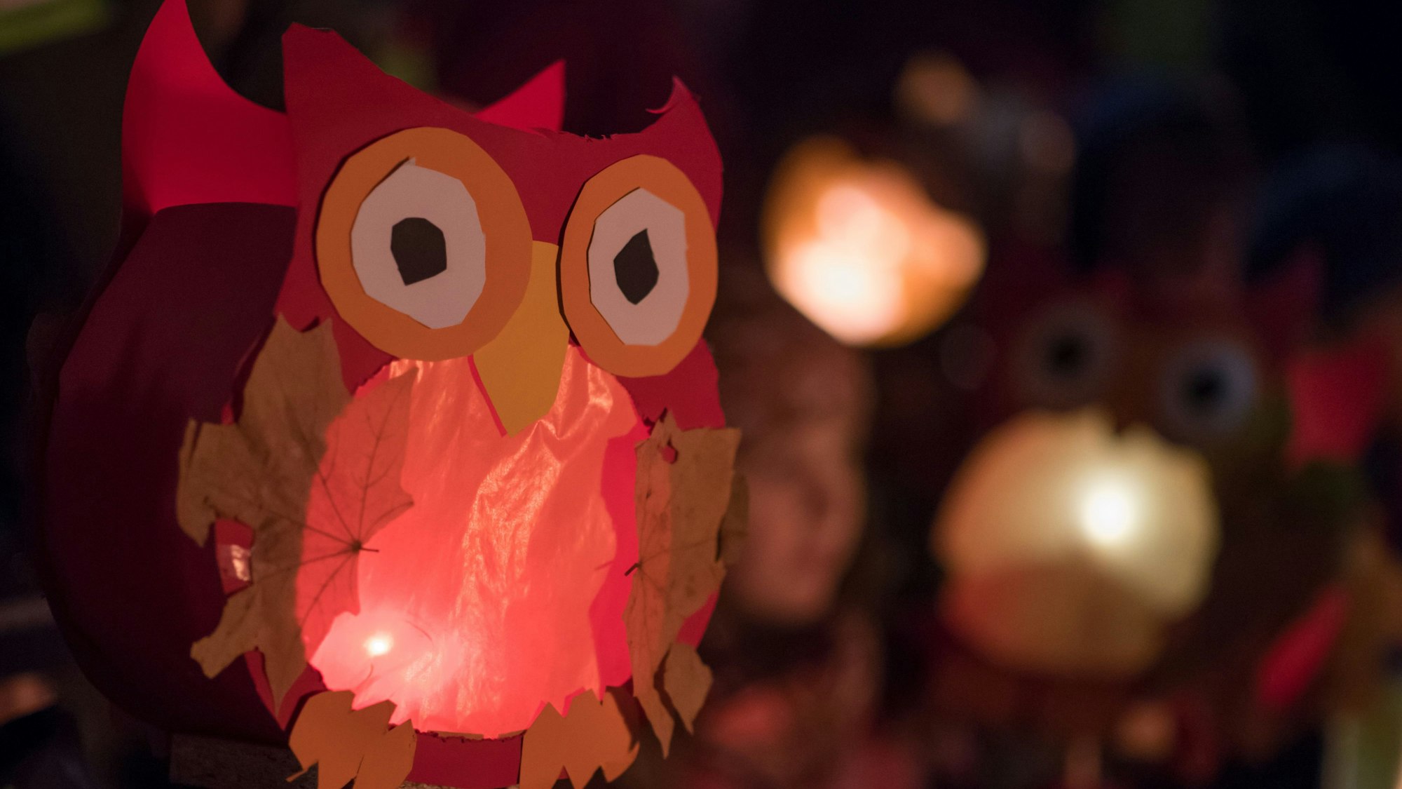 Kindergartenkinder mit Laternen in Form einer Eule