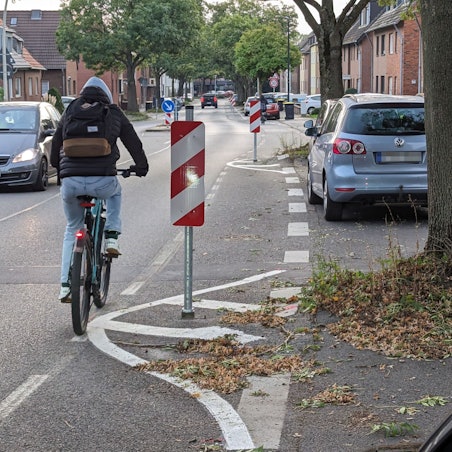 Ein Fahrradfahrer fährt um eine Warnbake herum, die auf aufgebrochenem Asphalt vor einem Baum steht.
