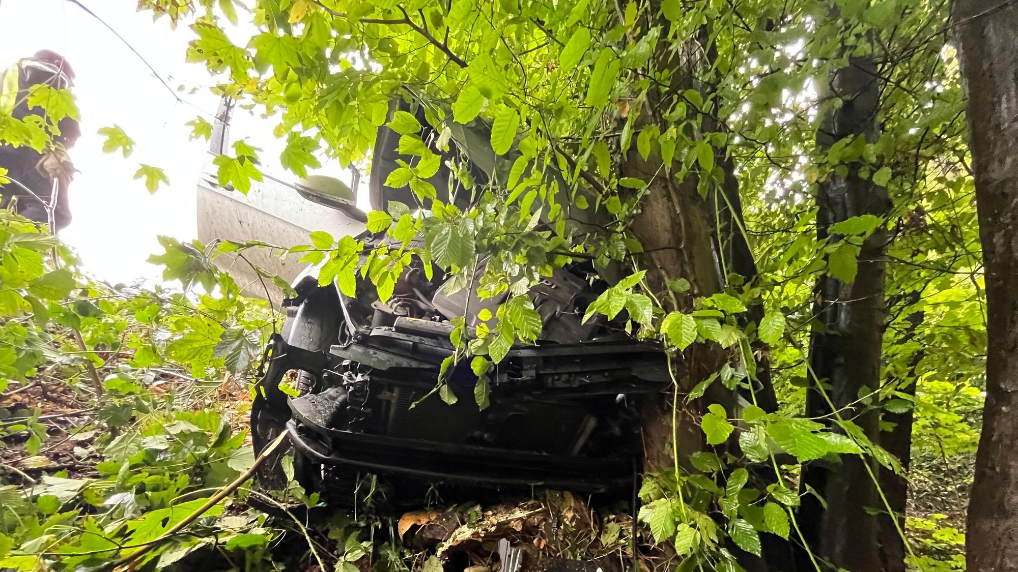 Das Auto stieß in der Böschung gegen einen Baum und blieb stecken.