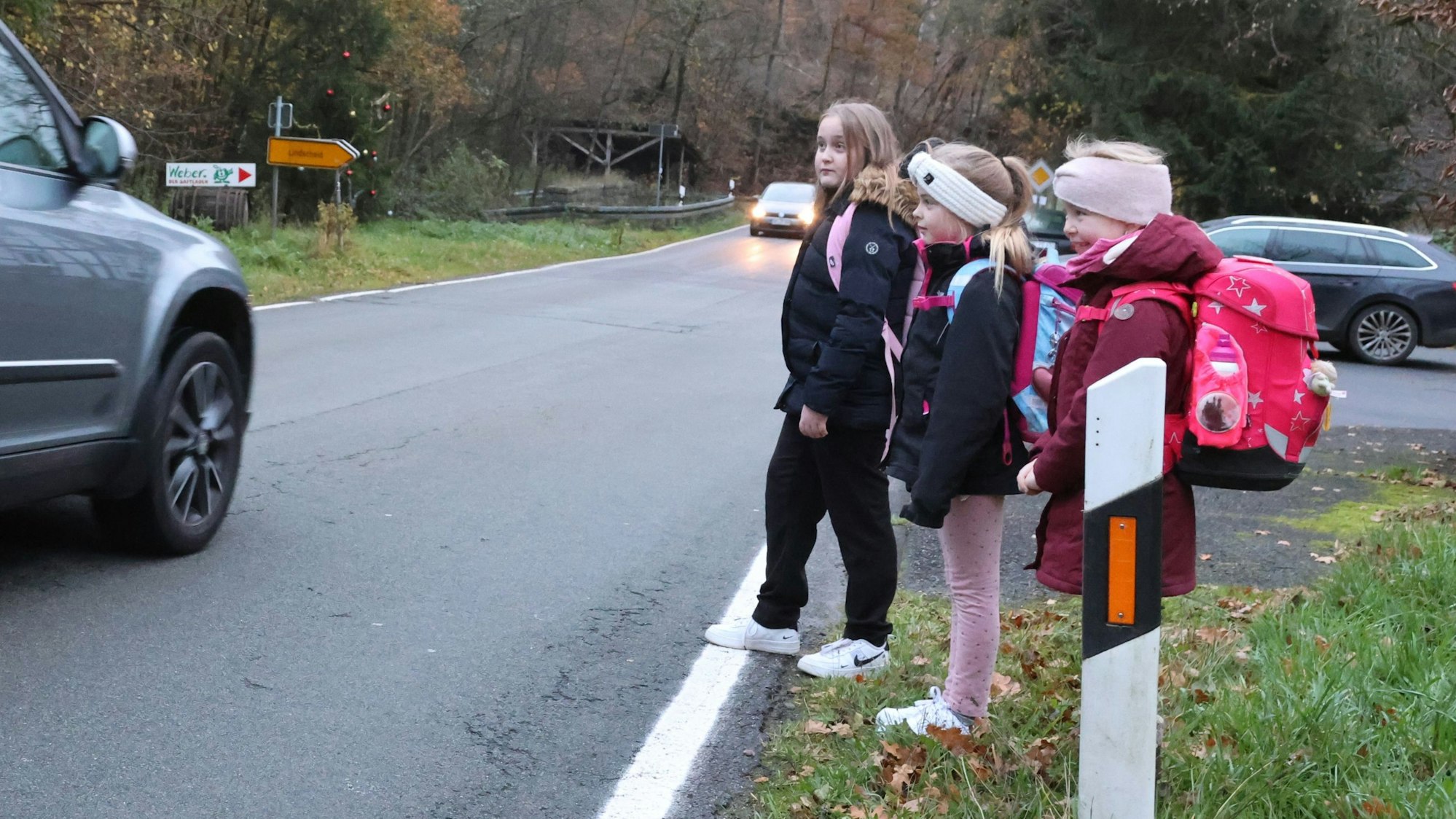 Kinder beim Überqueren der L 320 in Lindscheider Mühle.