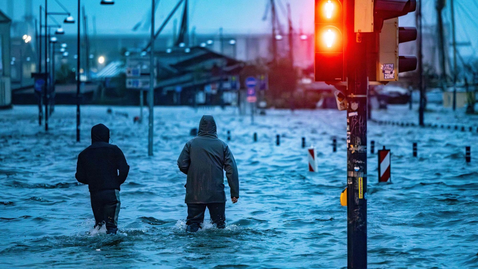 Menschen gehen durch die überfluteten Straßen in Flensburg.