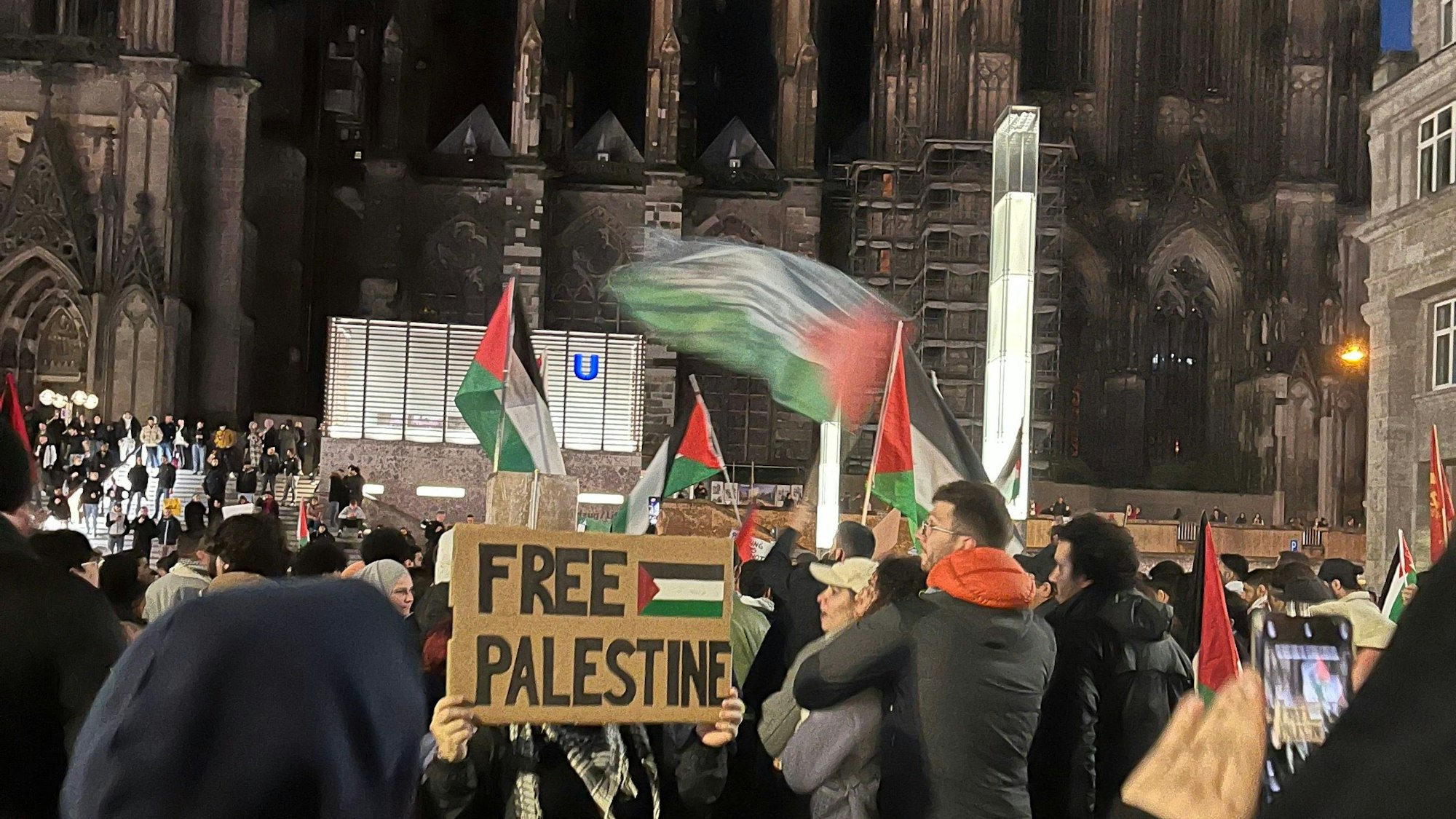 Eine Person hält auf der Pro-palästinensischen Demo am 20.10.23 ein Plakat mit der Aufschrift „Free Palestine“ in den Armen.