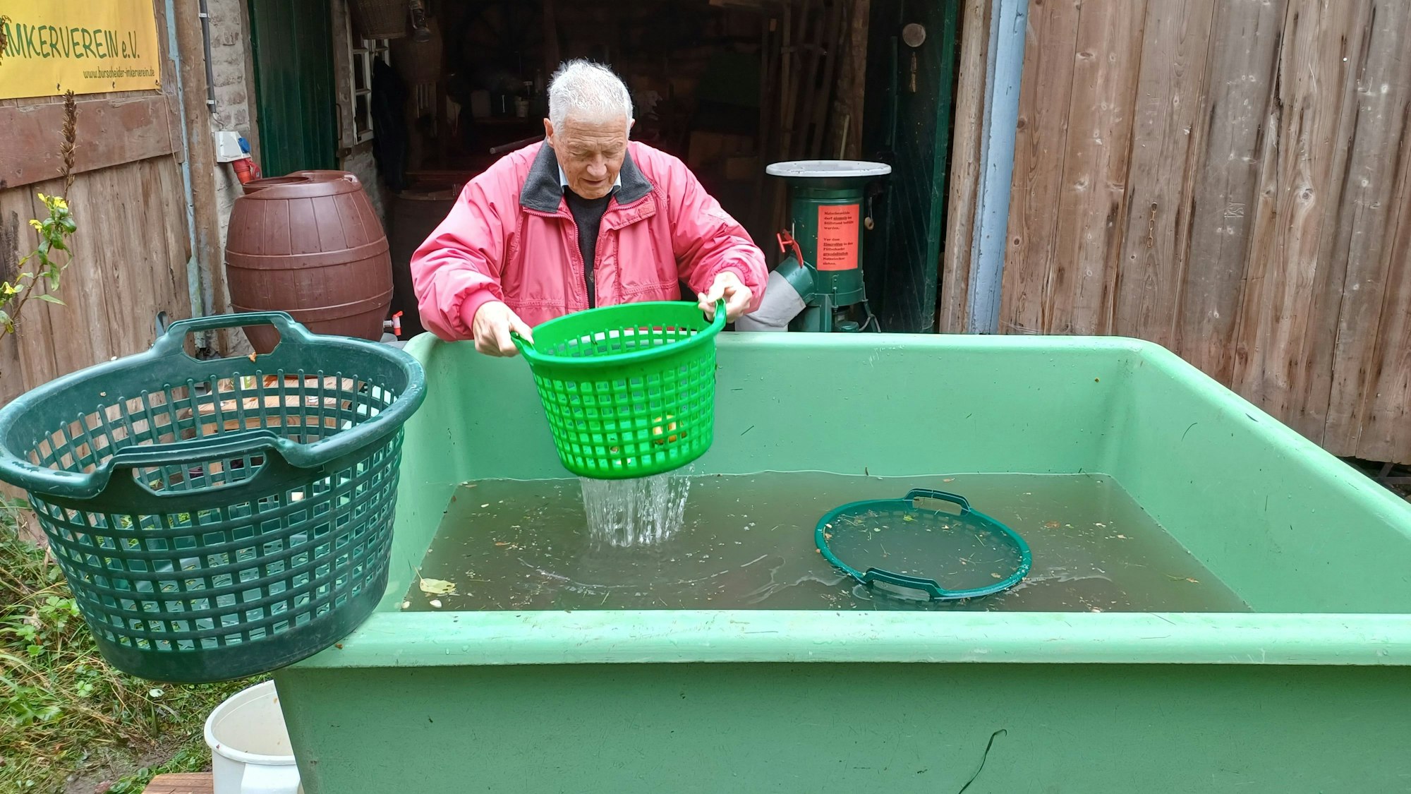 Ein Mann wäscht Apfel in einer riesigen Wanne.