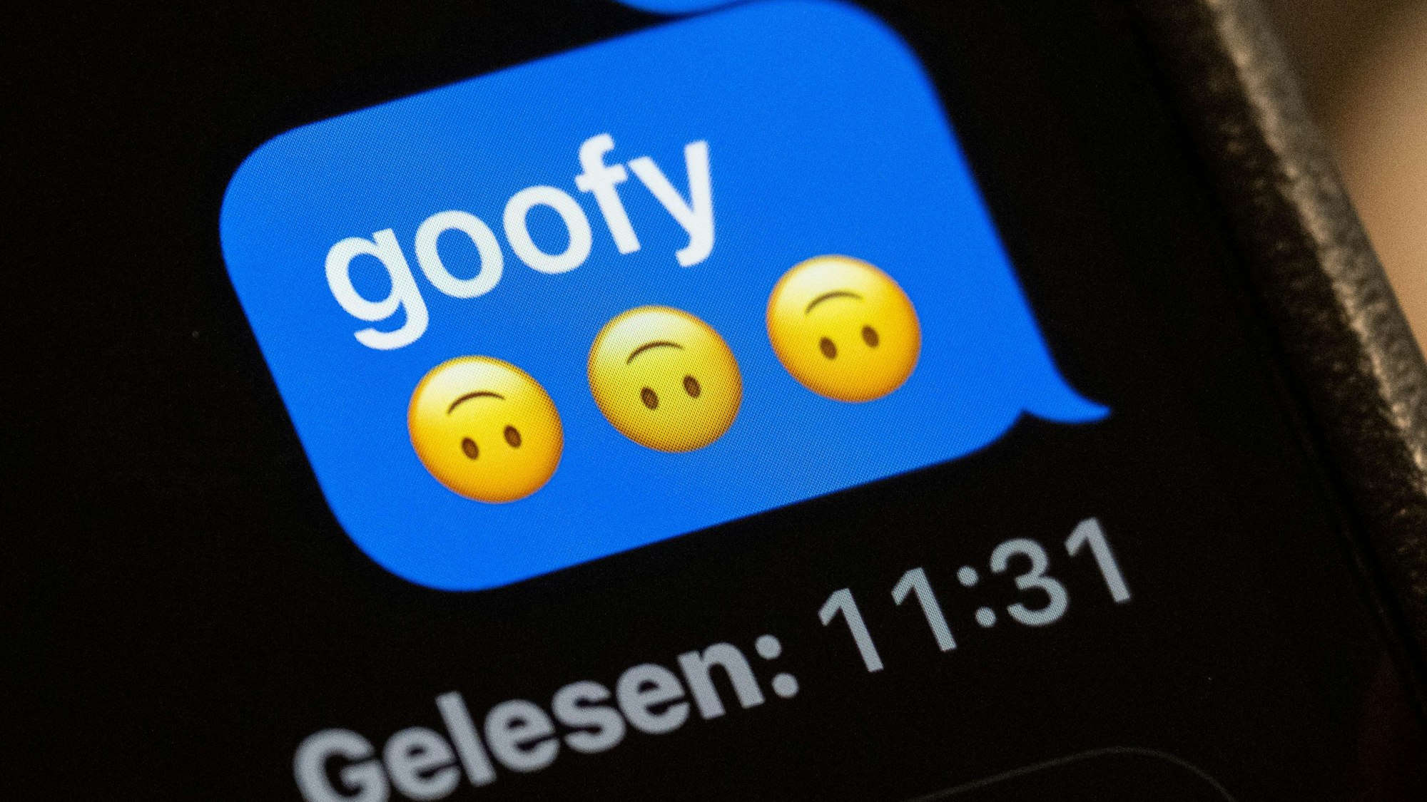 Im Display eines Smartphones ist in einem Chat-Verlauf das Wort „goofy“ zu lesen