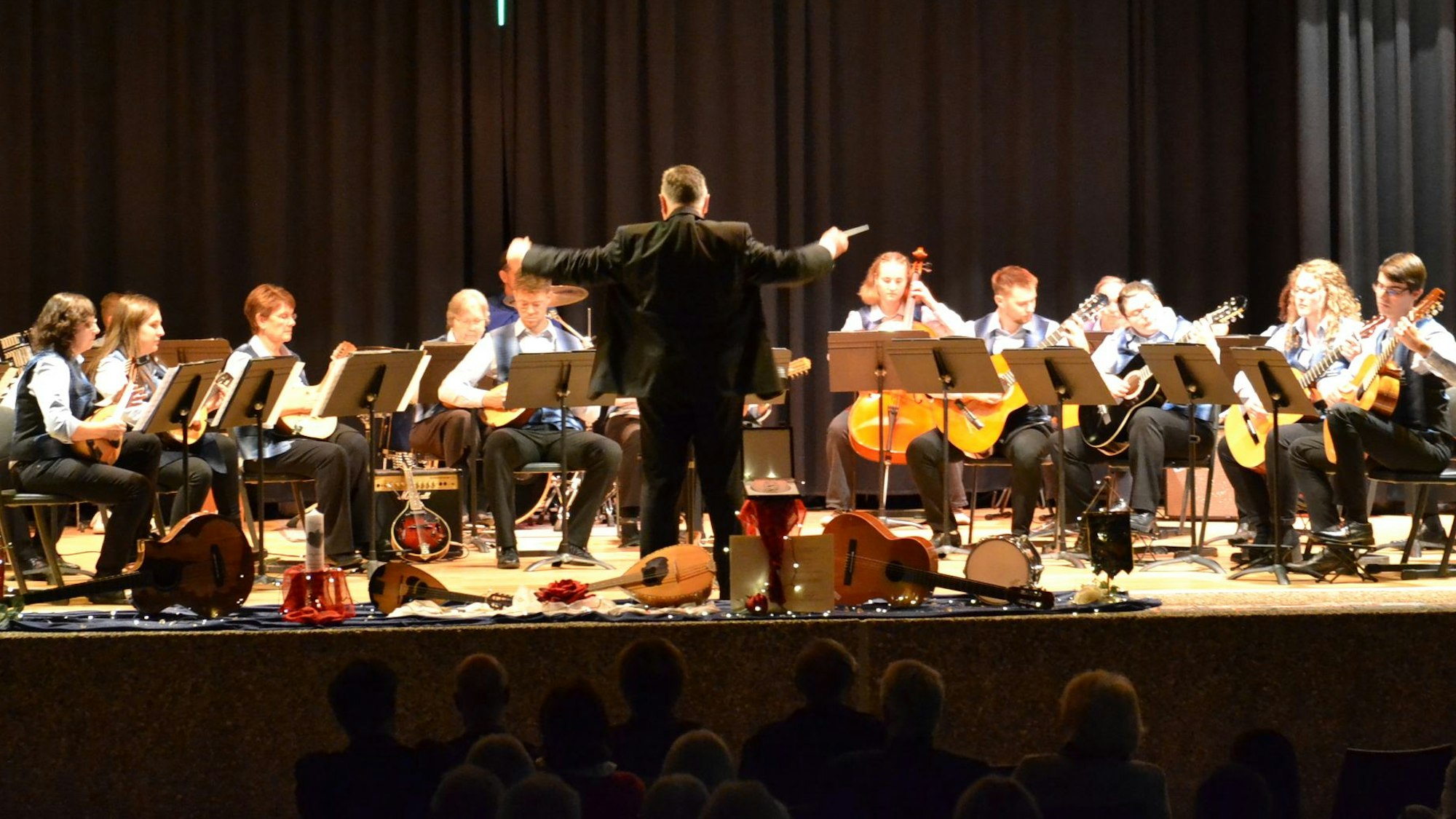 Die Musiker und Musikerinnen des Kuchenheimer Mandolinenorchesters bei einem Konzert. Der Dirigent steht mit dem Rücken zum Publikum.