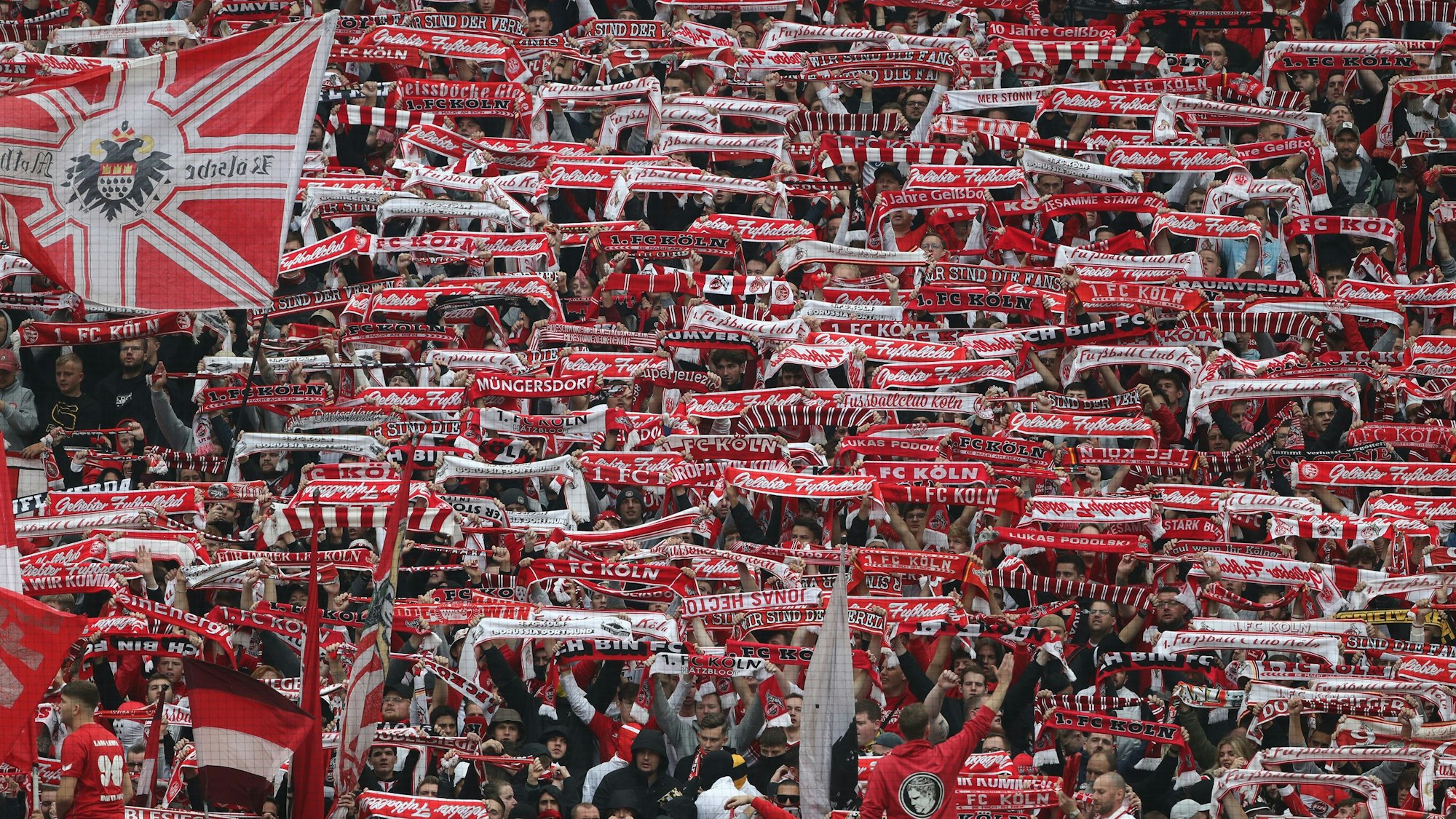 Fans des 1. FC Köln vor dem Spiel gegen Borussia Mönchengladbach im Stadion.