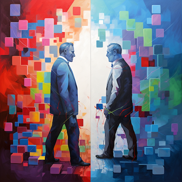 Zwei Männer stehen sich gegenüber, animiertes Bild, das von einer Künstlichen Intelligenz erstellt wurde