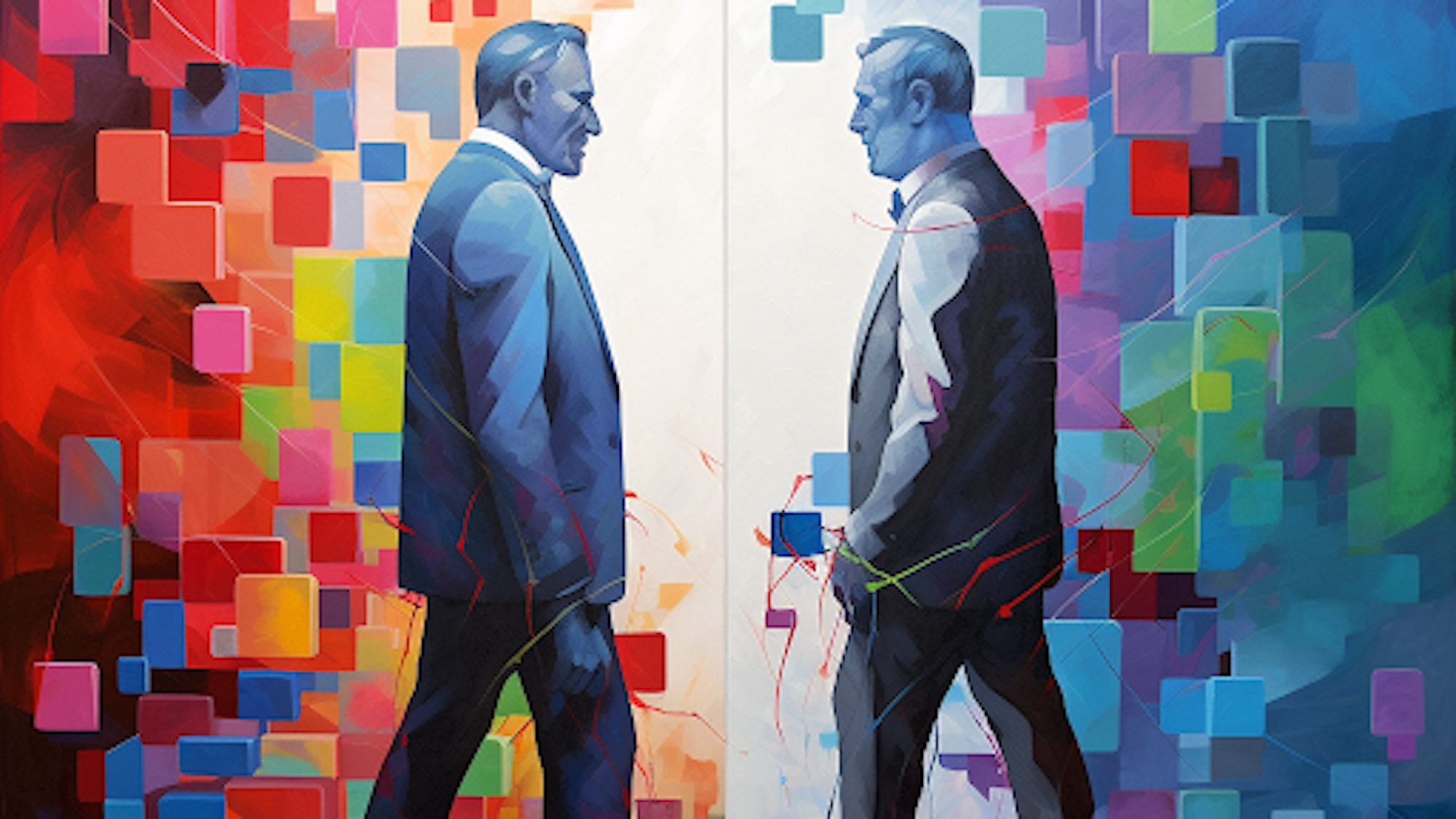 Zwei Männer stehen sich gegenüber, animiertes Bild, das von einer Künstlichen Intelligenz erstellt wurde