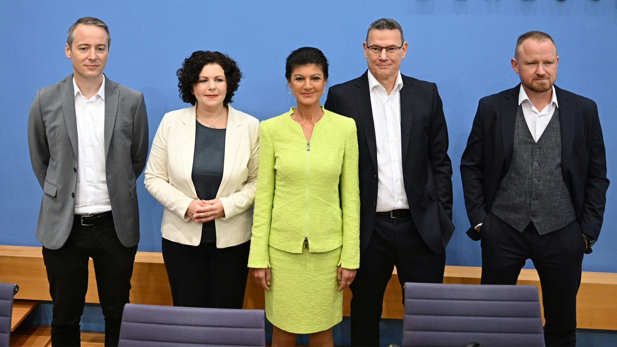 Vorstellung des neuen „Bündnis Sahra Wagenknecht“ am Montag:Lukas Schön, Amira Mohamed Ali, Sahra Wagenknecht, Ralph Suikat und Christian Leye (vlnr.)