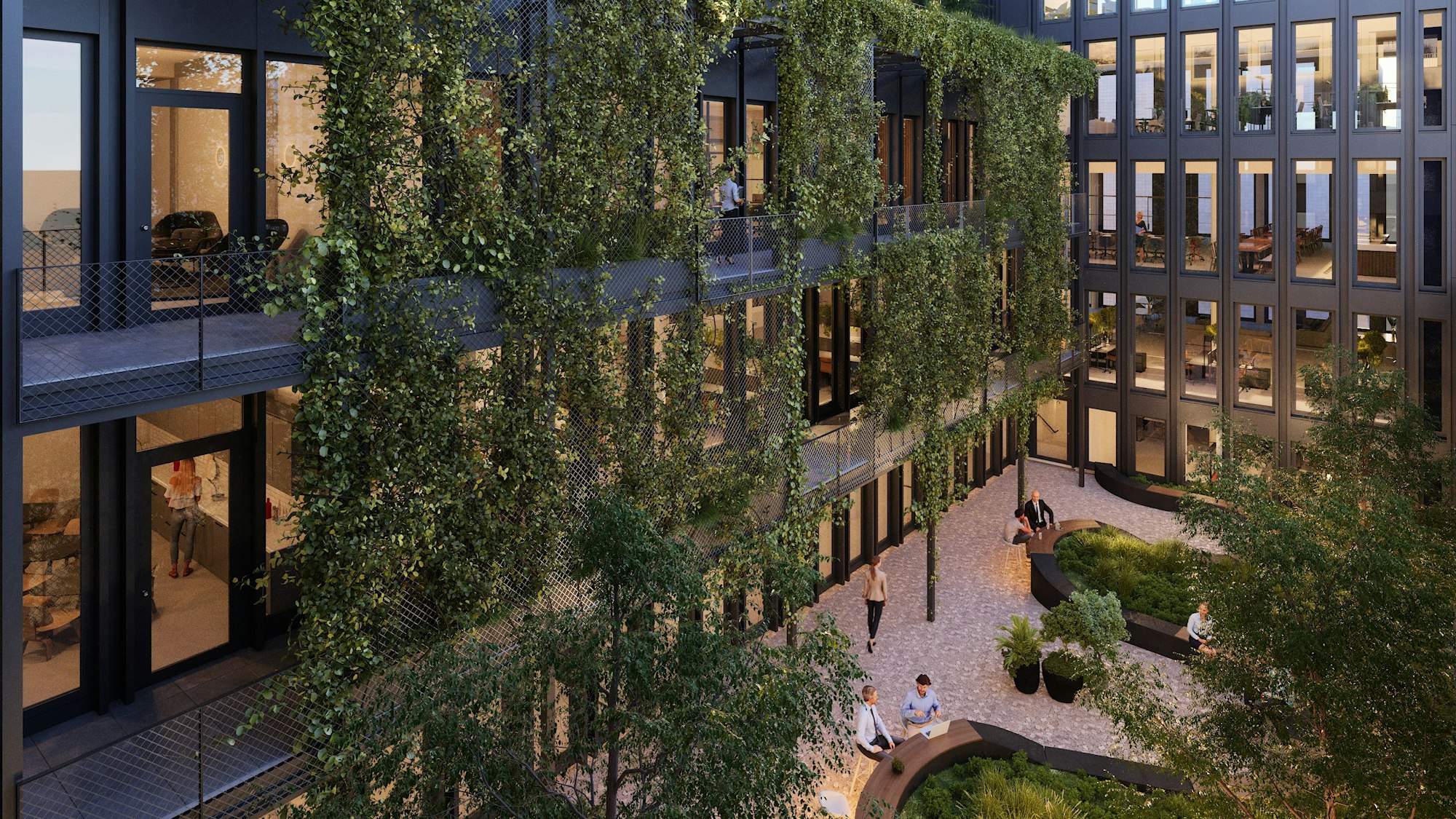 Die Visualisierung zeigt den begrünten Innenhof.