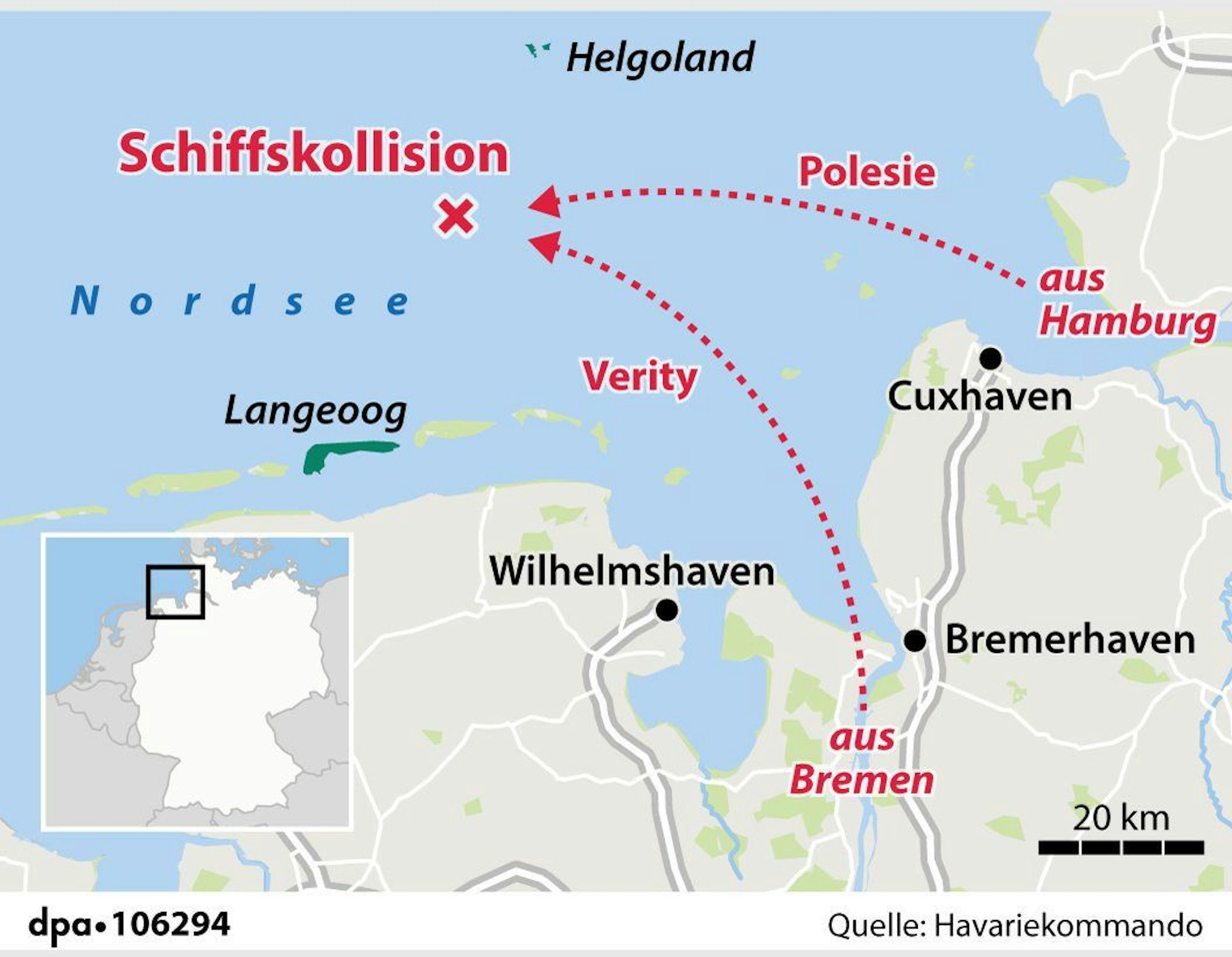 Grafik Verortung der Kollision zweier Frachter in der Nordsee