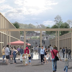 Die Grafik zeigt einen Teil des Gebäudekomplexes, der in Waldbröl die abgebrannte Markthalle ersetzen soll. Hier zu sehen sind die neue Veranstaltungshalle und der Platz zwischen den Häusern.