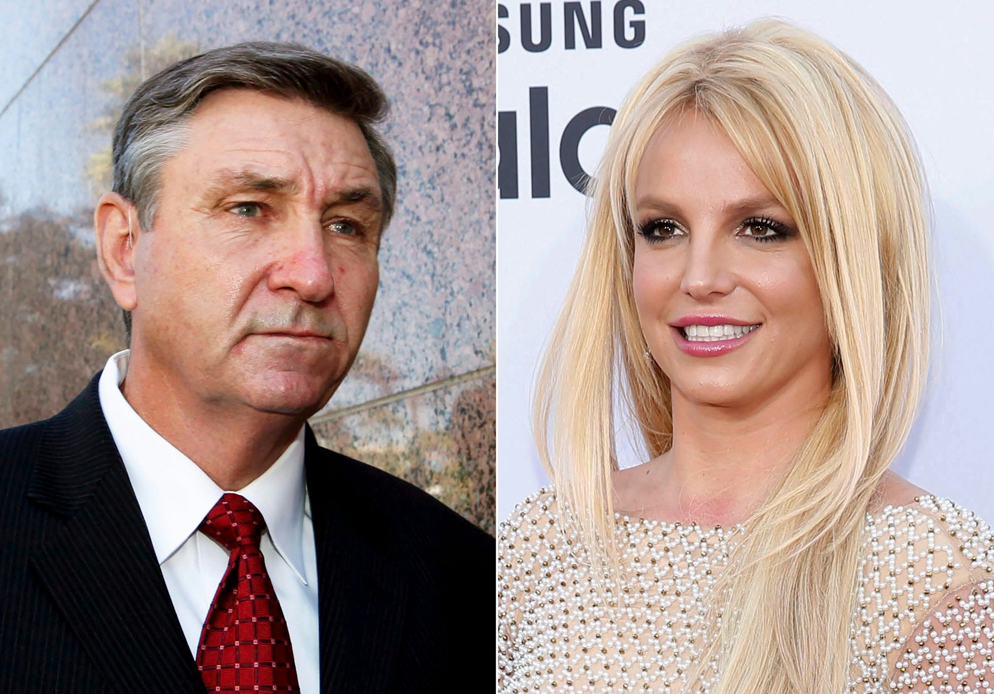 Jamie Spears (l), Vater der Sängerin Britney Spears, verlässt das Stanley Mosk Gerichtsgebäude in Los Angeles am 24. Oktober 2012 und Britney Spears, Sängerin aus den USA, kommt an zu den Billboard Music Awards in Las Vegas am 17. Mai 2015.
