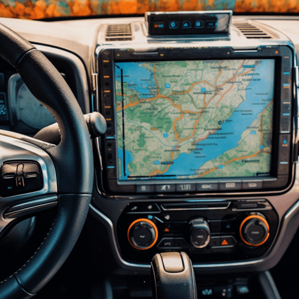 Illustration: Innenansicht eines Autos mit Blick durch die Windschutzscheibe, Lenkrad, Armaturenbrett, Navigationsgerät.