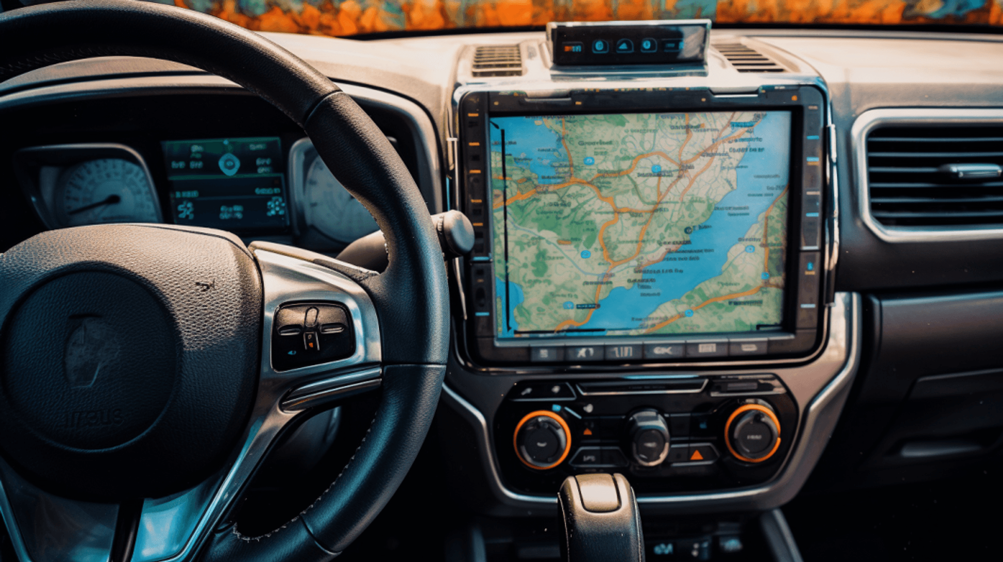 Illustration: Innenansicht eines Autos mit Blick durch die Windschutzscheibe, Lenkrad, Armaturenbrett, Navigationsgerät.