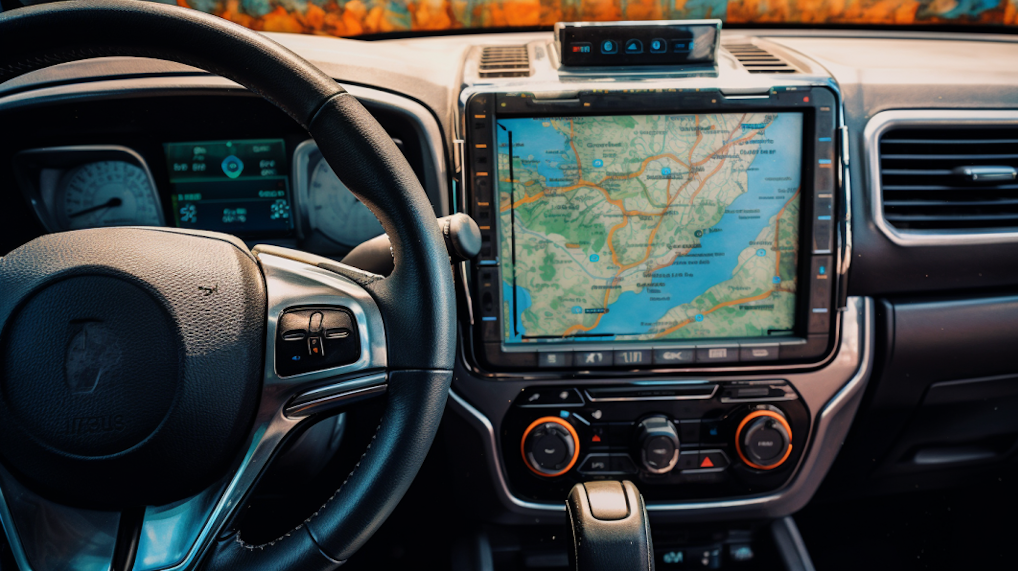 Illustration: Innenansicht eines Autos mit Blick durch die Windschutzscheibe, Lenkrad, Armaturenbrett, Navigationsgerät.