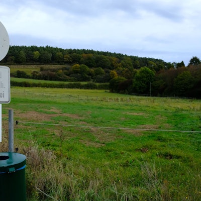 Eine Wiese in Hanglage am Ortsrand von Kallmuth. Links sind ein verblichenes Verkehrsschild, ein Spender für Hundekottüten und ein Mülleimer zu sehen.
