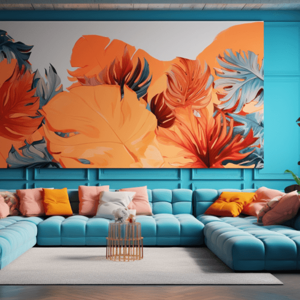 Illustration: Eon fast raumfüllendes modulares Sofa mit Kissen in Ambiente mit großen Zimmerpflanzen, Malerei an der Wand, Beistelltischen