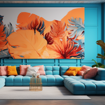 Illustration: Eon fast raumfüllendes modulares Sofa mit Kissen in Ambiente mit großen Zimmerpflanzen, Malerei an der Wand, Beistelltischen