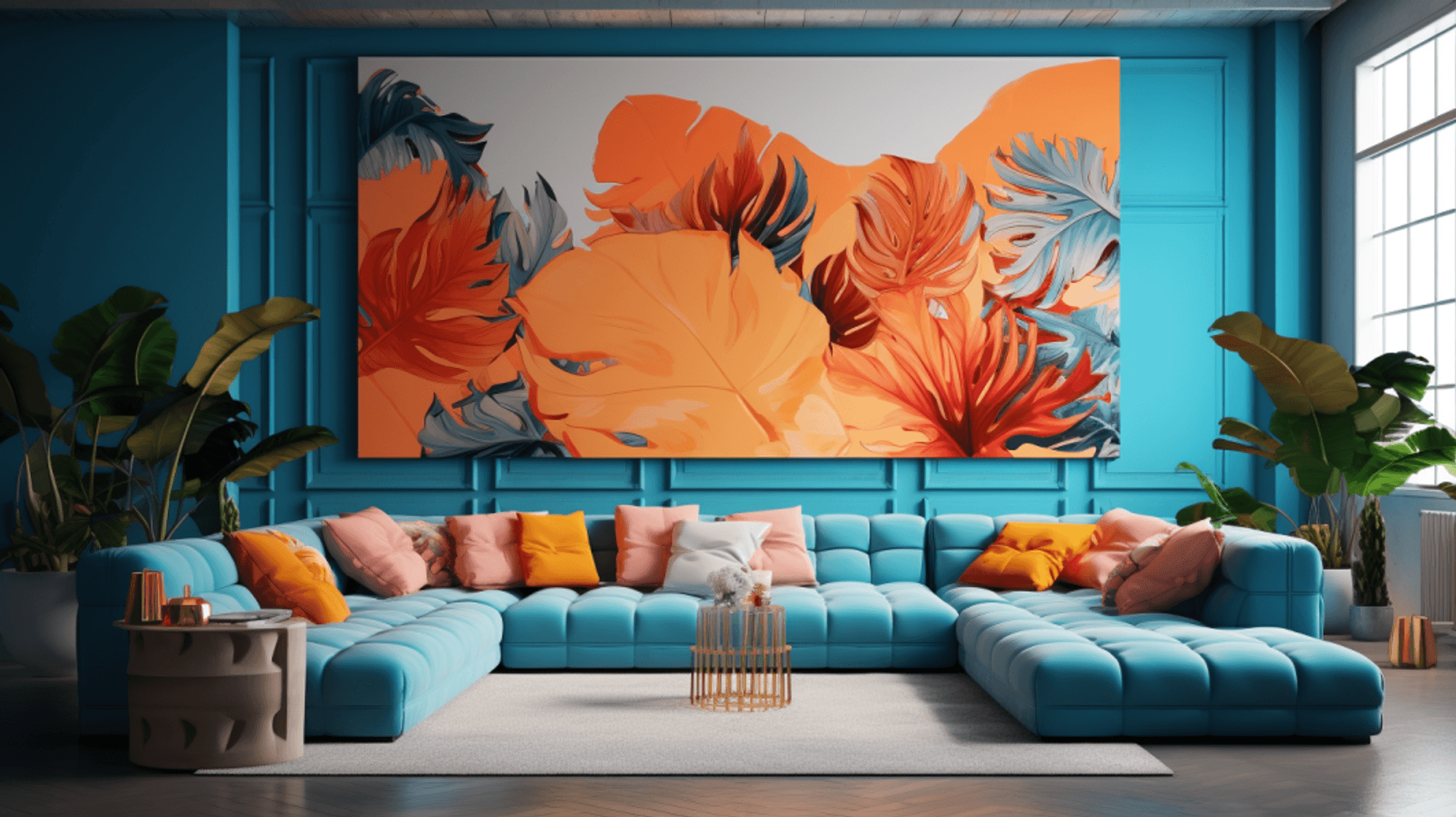 Illustration: Eon fast raumfüllendes modulares Sofa mit Kissen in Ambiente mit großen Zimmerpflanzen, Malerei an der Wand, Beistelltischen