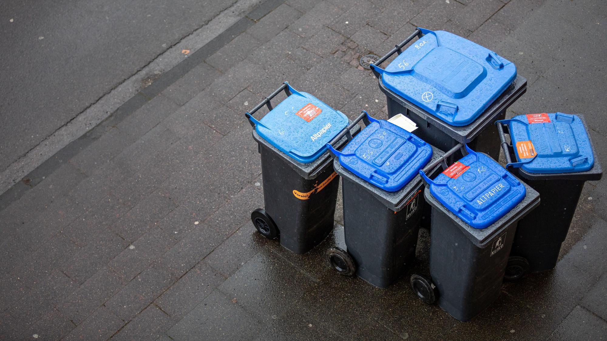 Abfalltonnen mit blauem Deckel, umgangssprachlich auch „Blaue Tonne“ genannt, für Altpapier stehen zur Abholung der AWB (Kölner Abfallwirtschaftsbetriebe) am Straßenrand.