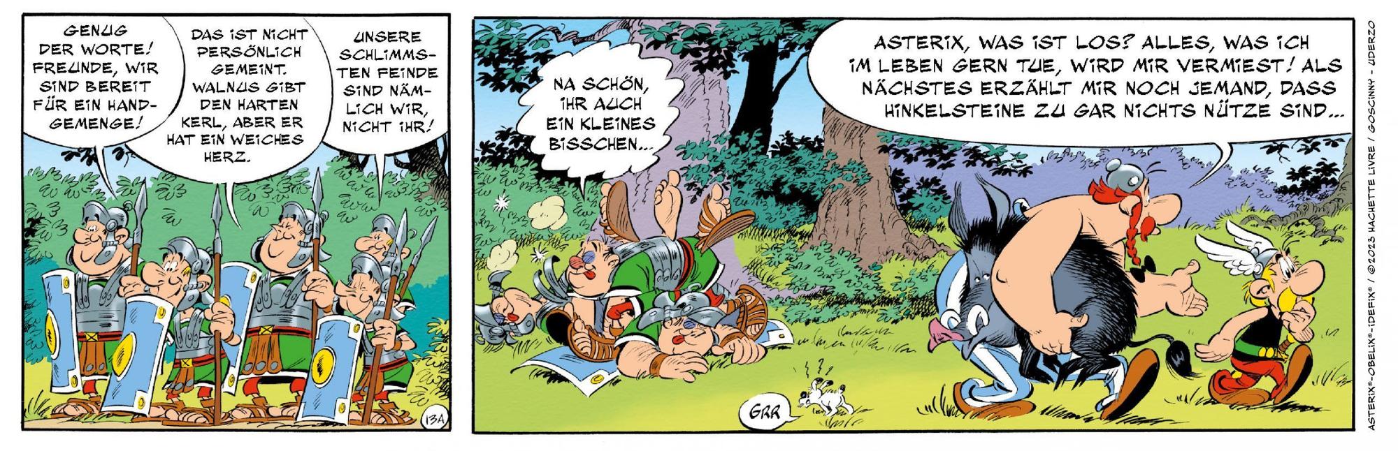 Römer treffen im Asterix-Band „Die weiße Iris“ auf Asterix und Obelix, mit dem bekannten Ergebnis