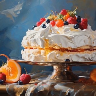 Illustration: Ein Pavlova-Dessert mit Beeren- und Zitrusfrüchten auf einem Tortenteller.