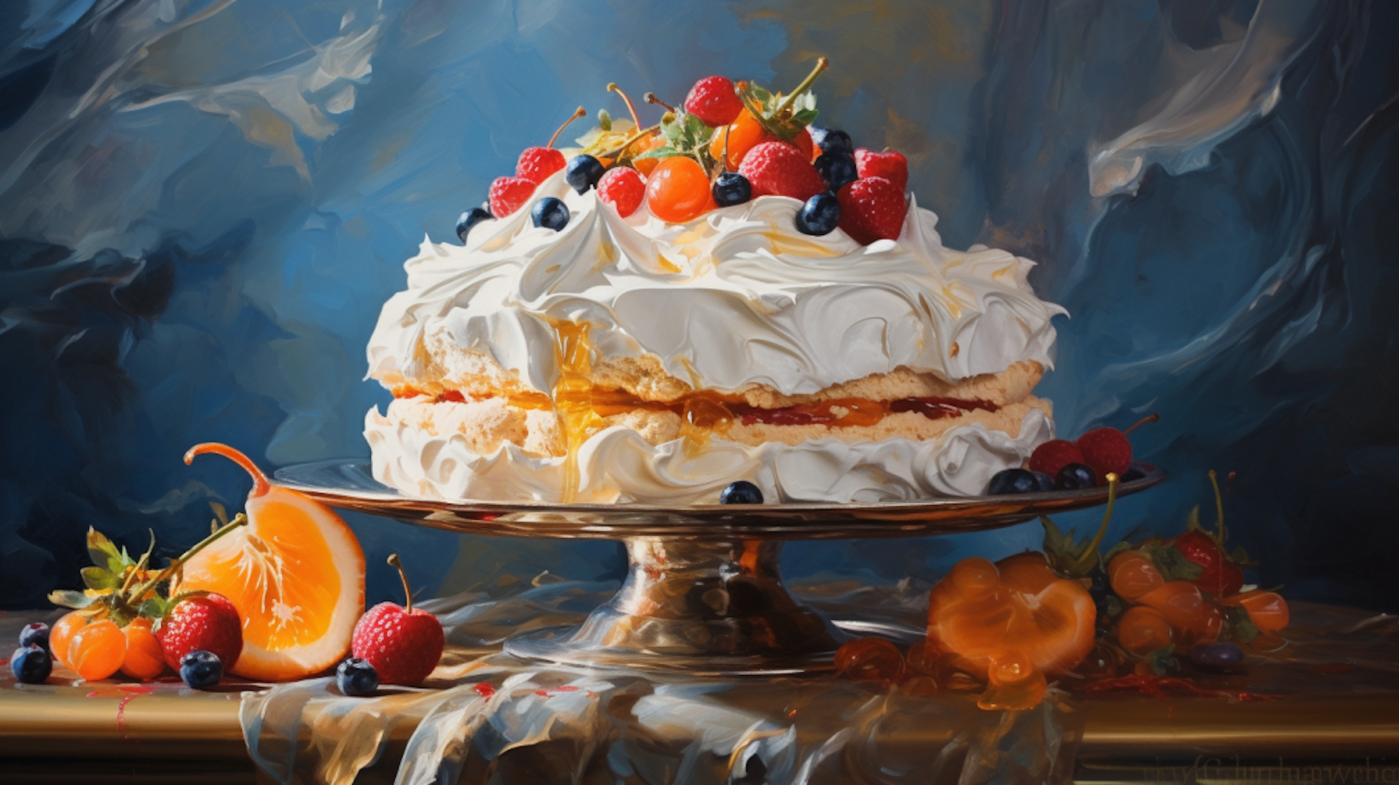Illustration: Ein Pavlova-Dessert mit Beeren- und Zitrusfrüchten auf einem Tortenteller.