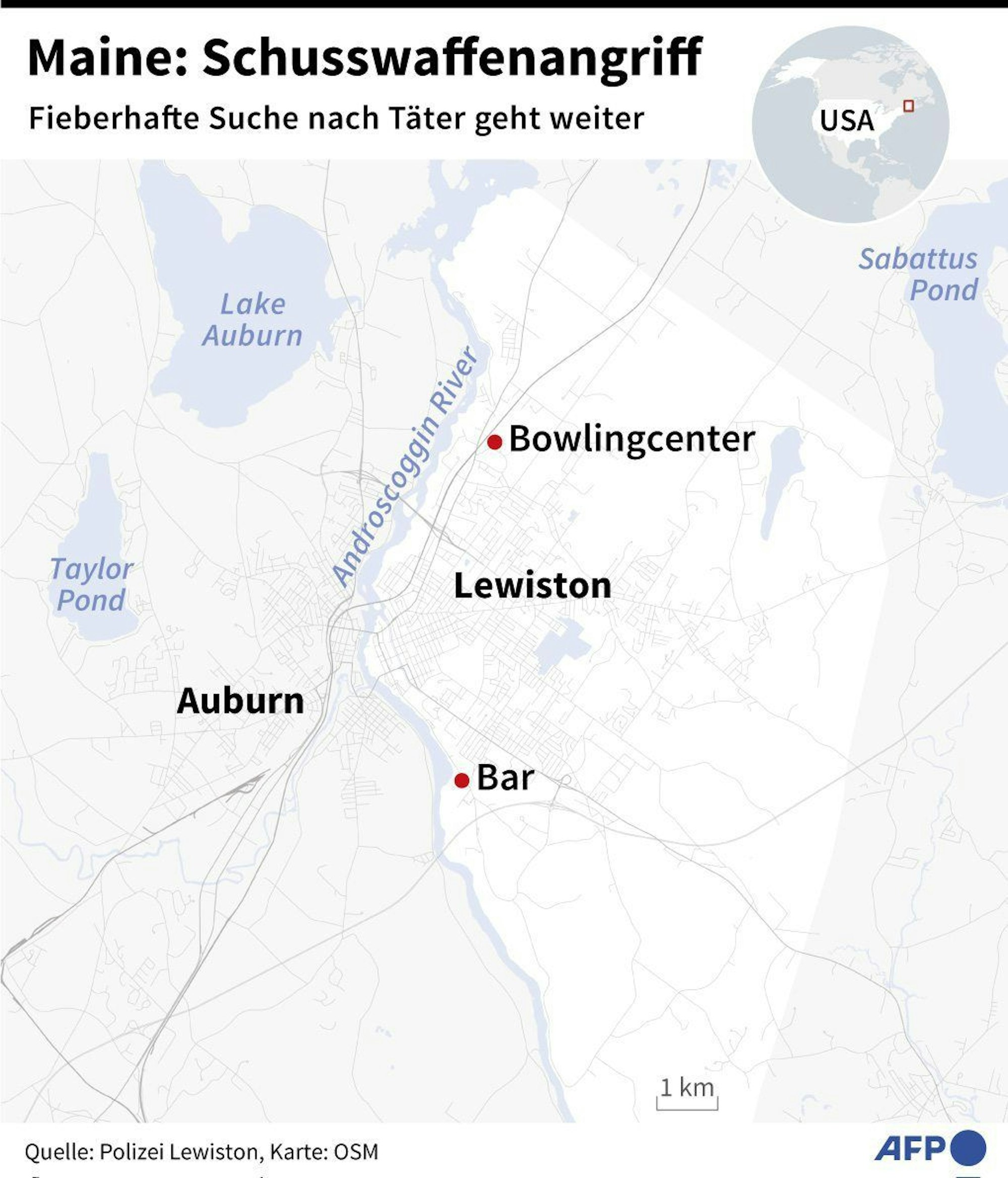 Suche nach Täter nach Schusswaffenangriff mit 18 Toten in Maine: Detailkarte mit Verortung der Schusswaffenangriffe.