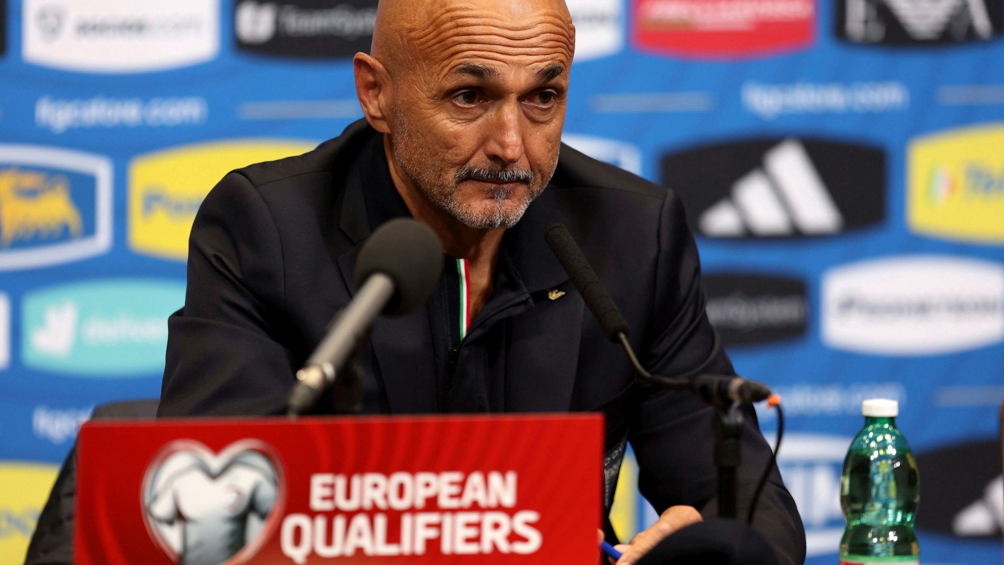 Italy manager Luciano Spalletti during a press conference ahead of Tuesday's Euro 2024 soccer match against England, at Wembley Stadium, London, Monday Oct. 16, 2023. (George Tewkesbury/PA via AP)