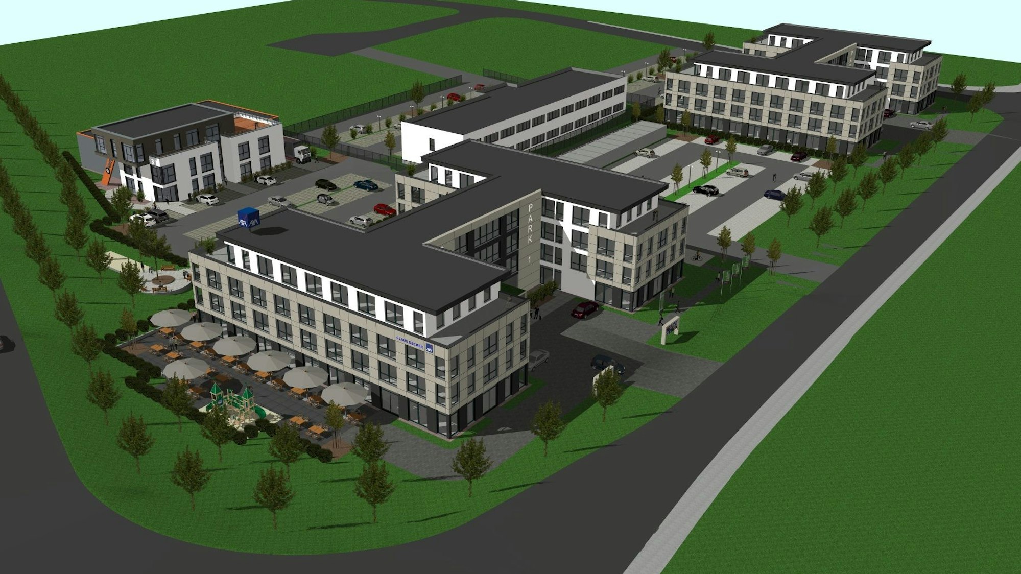 Die Visualisierung zeigt die beiden Office Parks an der Thomas-Eßer-Straße.