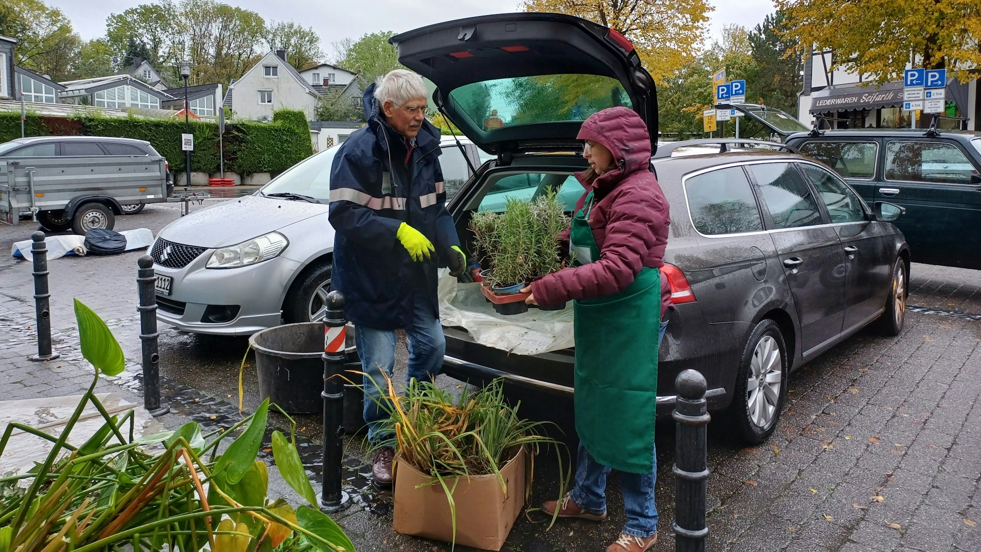 Menschen tauschen Pflanzen an einem Auto.