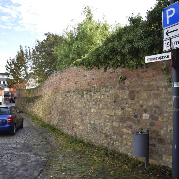 Das Bild zeigt ein blaues Auto, das die Brauersgasse entlang fährt.