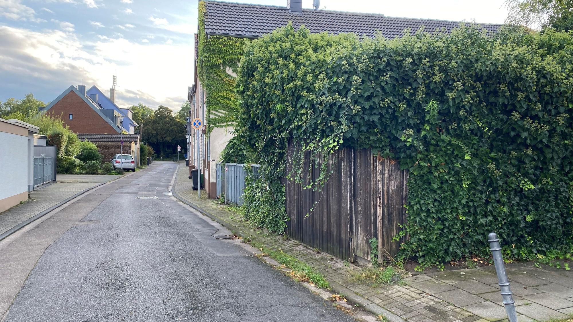 An einer schmalen Straße stehen Einfamilienhäuser und Garagen.