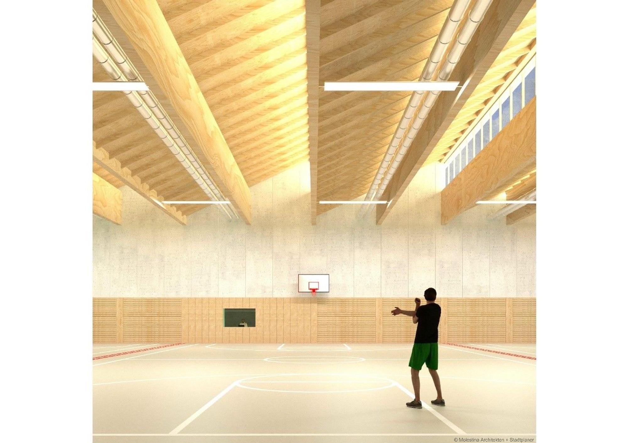 Das Modell einer Sporthalle von innen.