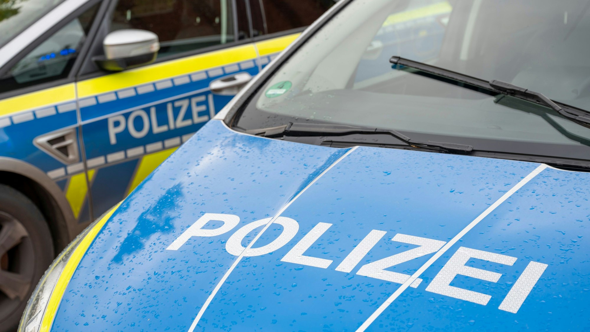 Zwei Polizeiwagen stehen nebeneinander.