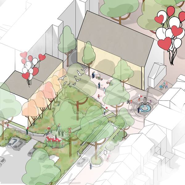Die Visualisierung zeigt, wie der „Hochzeitsgarten“ vor dem Frechener Rathaus aussehen könnte.