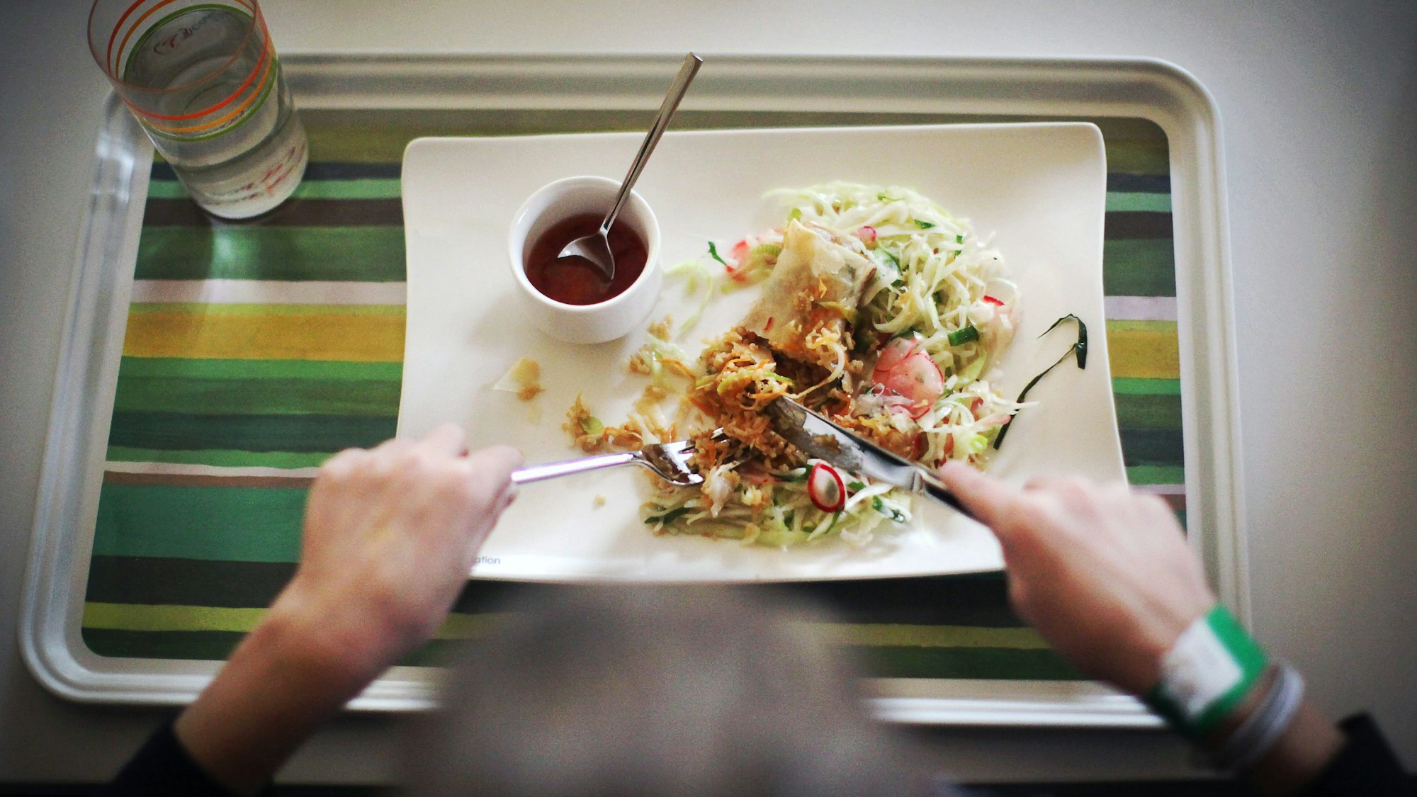 Eine Person isst eine Mahlzeit auf einem Tablett.