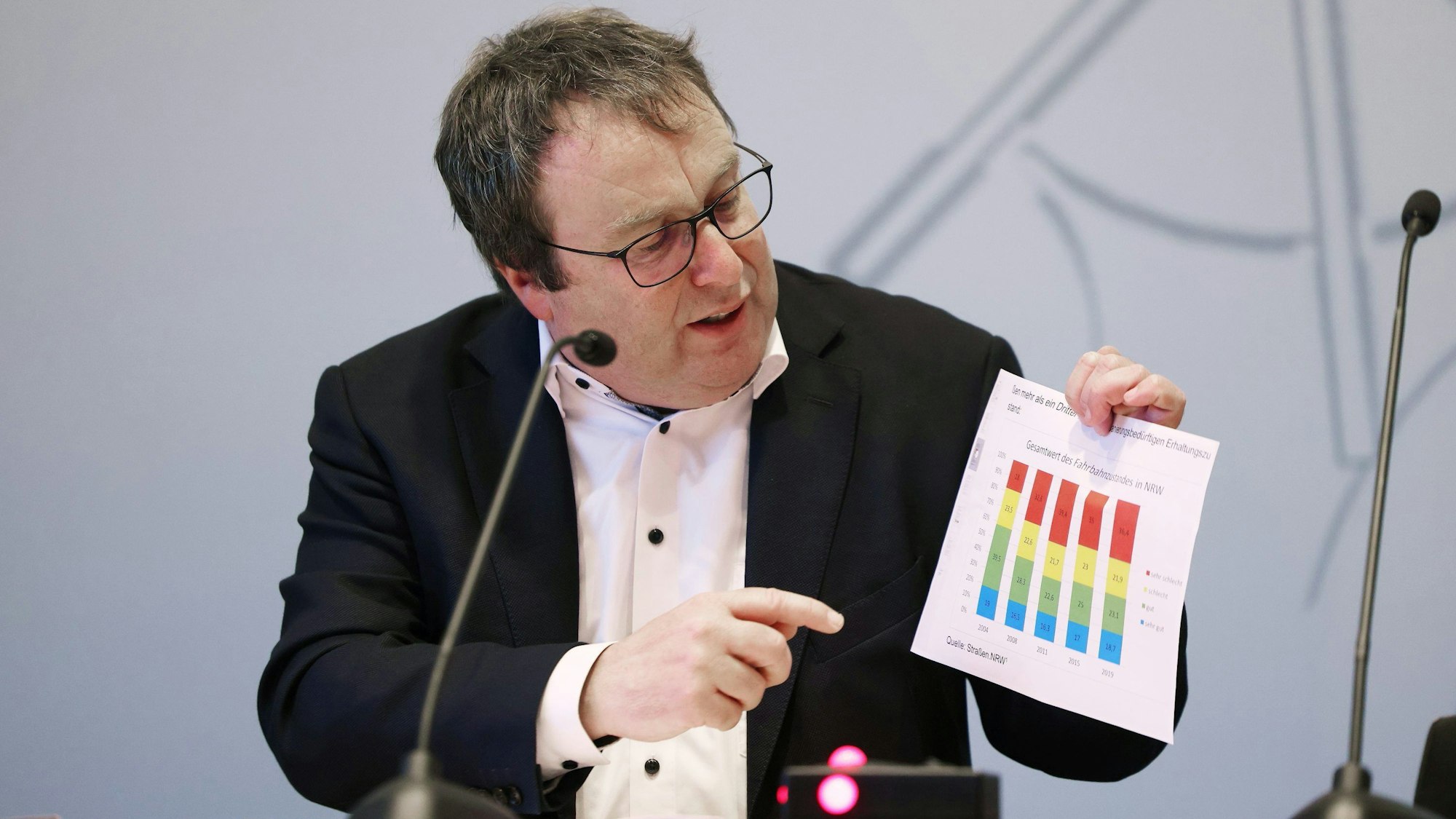 Landesverkehrsminister Oliver Krischer (Grüne) spricht während einer Pressekonferenz zur aktuellen Bauwerksprüfung von Straßen, Brücken und Tunnelanlagen.