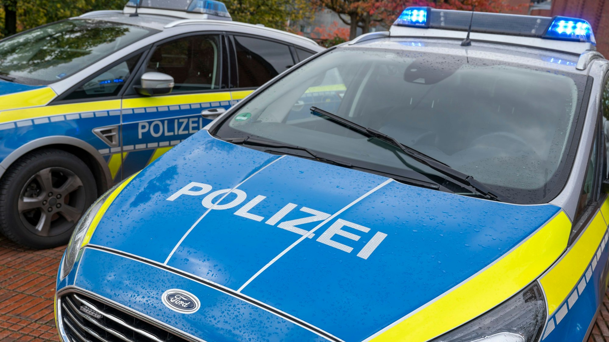 Zu sehen sind zwei Polizeiwagen in der Vorder- bzw. Seitenansicht.