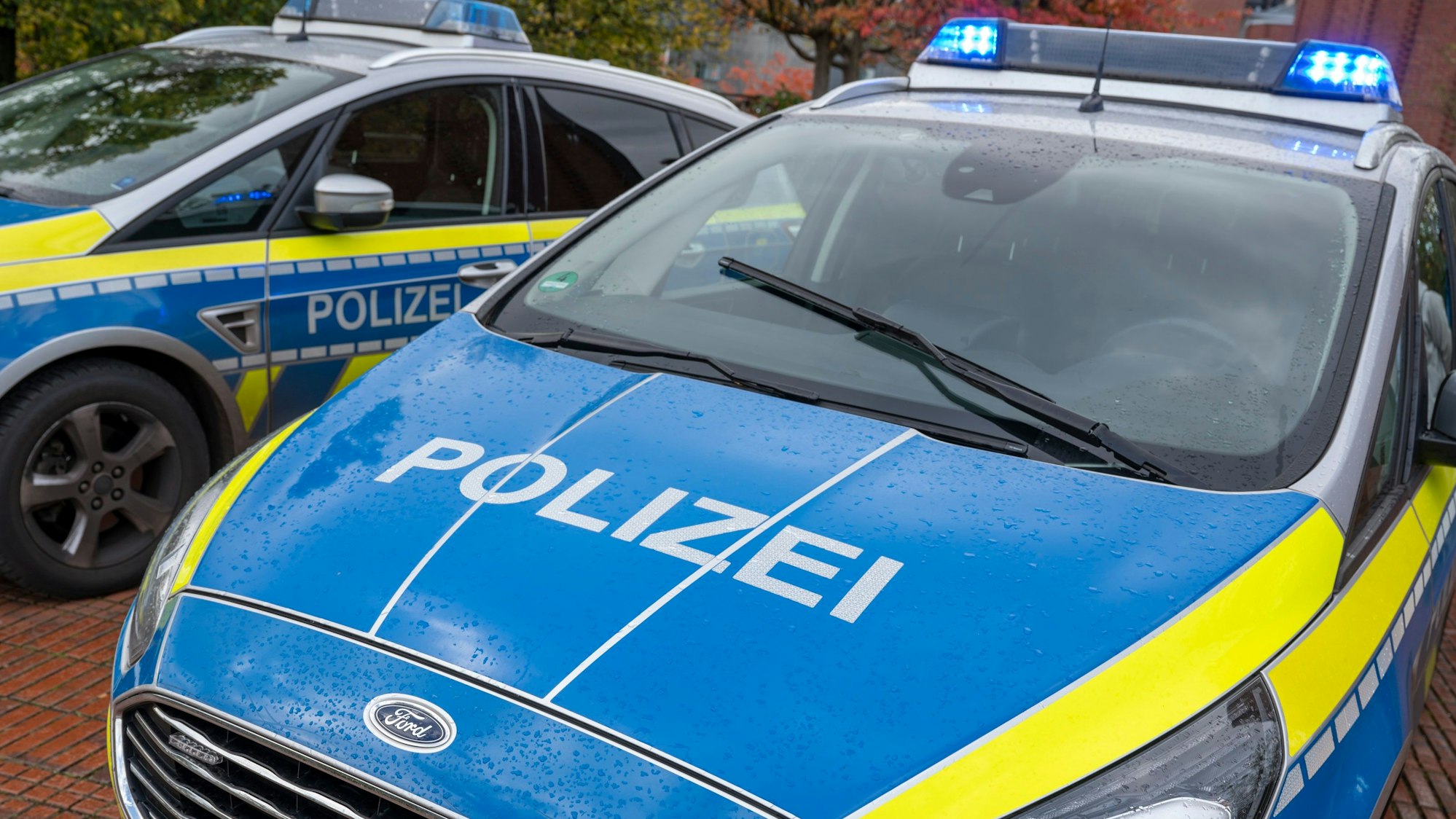 Zu sehen sind zwei Einsatzfahrzeuge der Polizei.