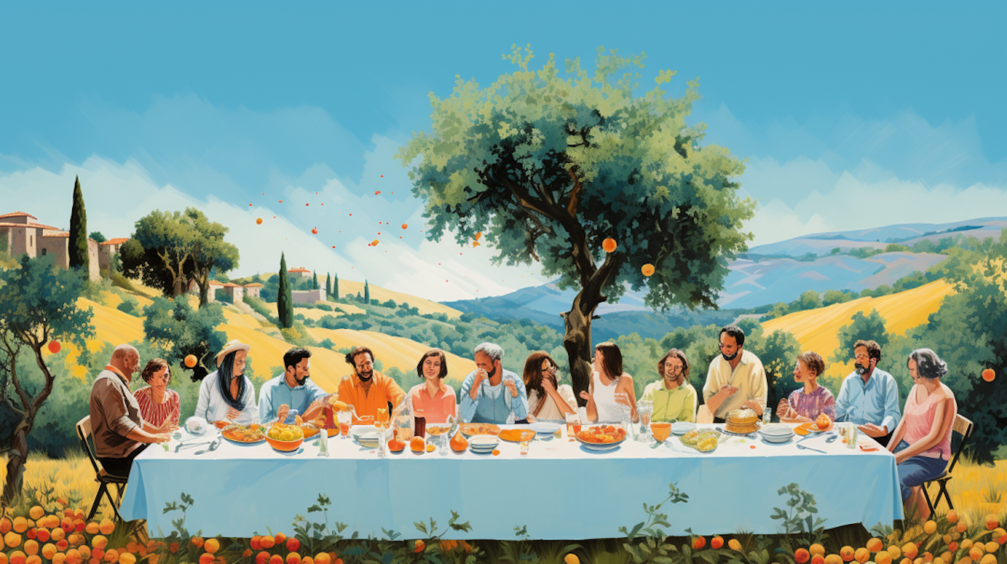 Eine künstlerische Interpretation eines Familientreffens in einer toskanischen Landschaft.