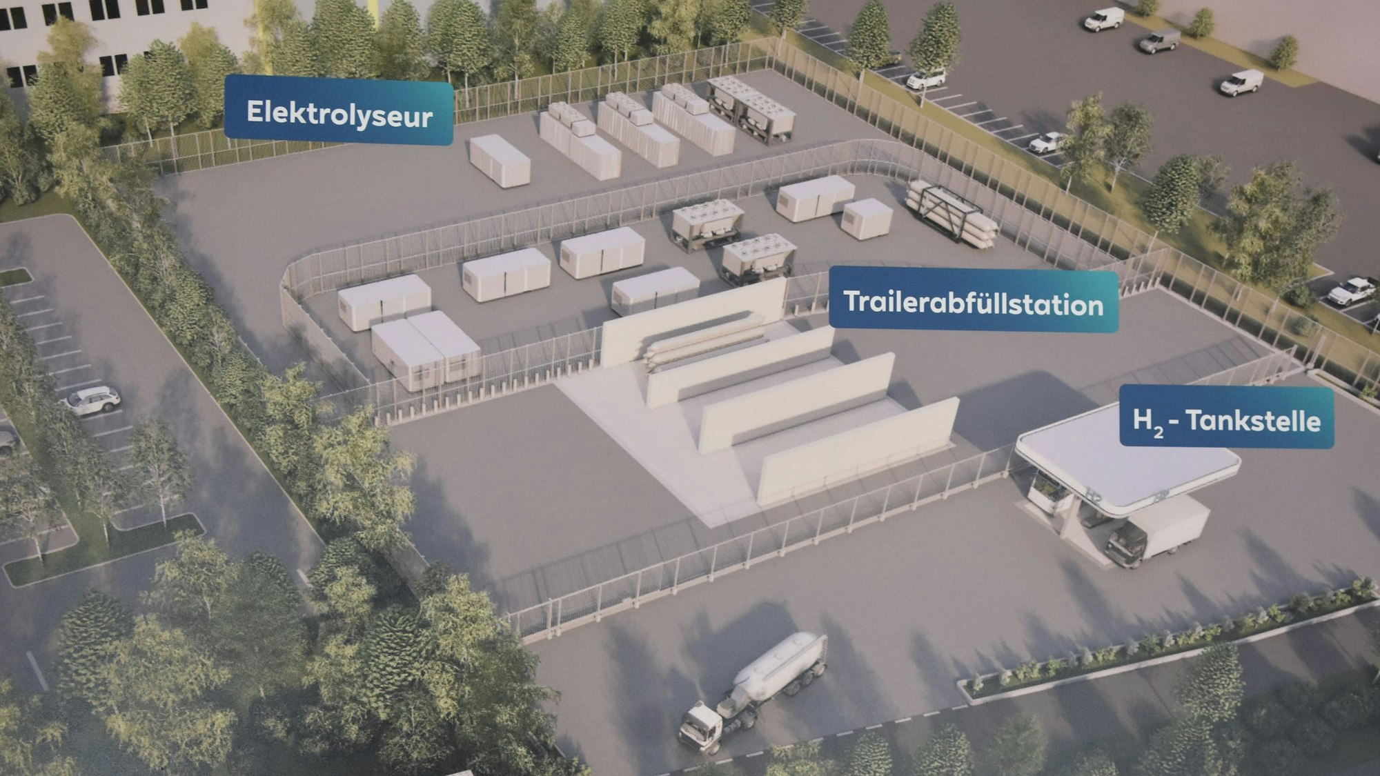 Ein Schaubild zeigt Container und Lastwagen sowie weitere Gebäude aus der Luft.