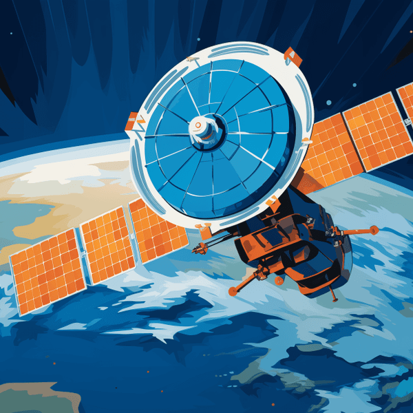 Eine Darstellung zeigt einen Satelliten, geschützt durch ein mittelalterlich anmutendes Schild.