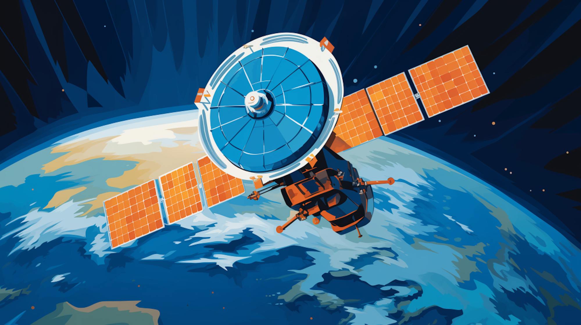 Eine Darstellung zeigt einen Satelliten, geschützt durch ein mittelalterlich anmutendes Schild.