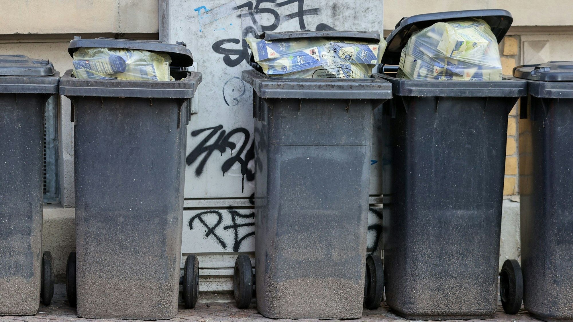 Bild von mehreren grauen Tonnen für den Restmüll.
