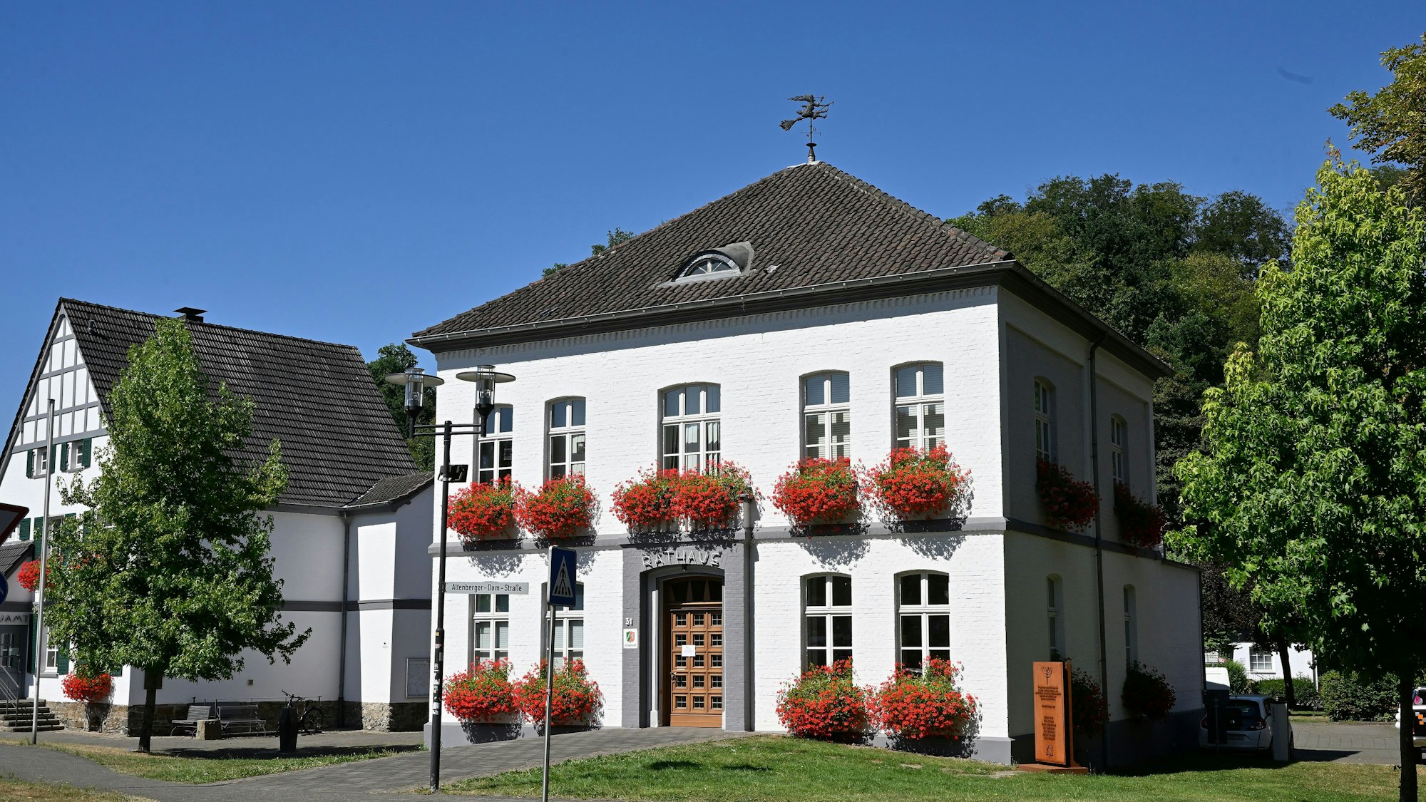 Rathaus Odenthal steht vor Bäumen.
