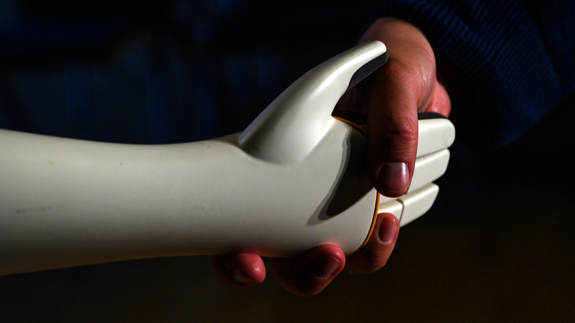 Eine menschliche Hand greift die Hand eines humanoiden Roboters.